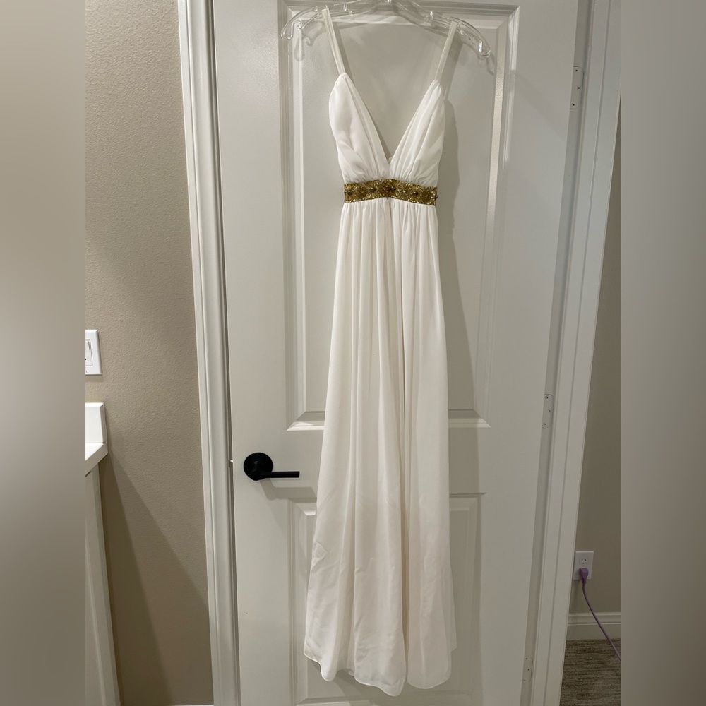 V-neck White Gown with Gold Beading